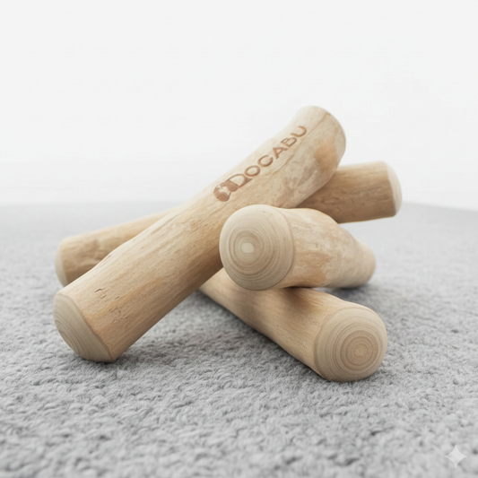 A small stack of Docabu coffee wood chews resting on a grey rug
