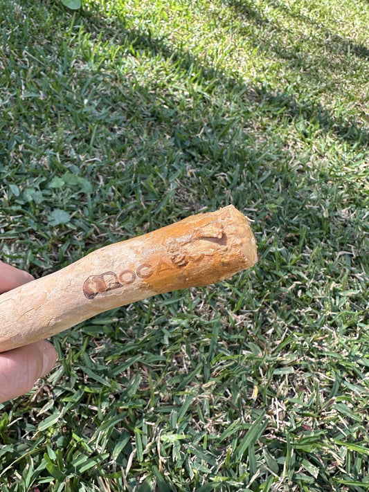 A well-used Docabu coffee wood chew held in a hand above the grass